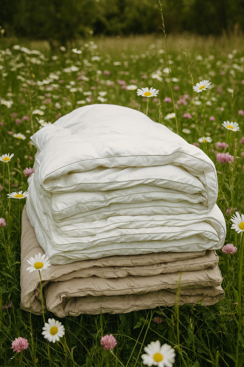 Stack of white white and grey comforter in a field with flowers showing the natural aspect of the Sleeping Dove Cooling Comforter
