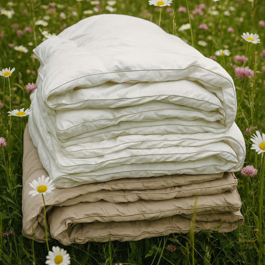 Stack of white white and grey comforter in a field with flowers showing the natural aspect of the Sleeping Dove Cooling Comforter