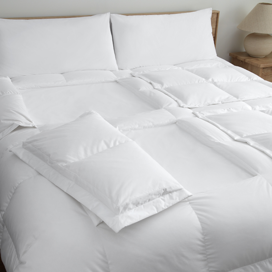 Close-up of Sleeping Dove comforter’s cooling window system for hot sleepers, couples, pregnancy, menopause, and lightweight foot relief.
