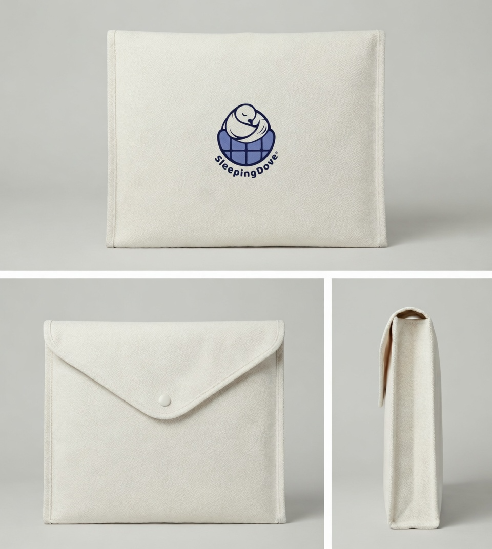White pouch with a Sleeping Dove logo on a light gray background