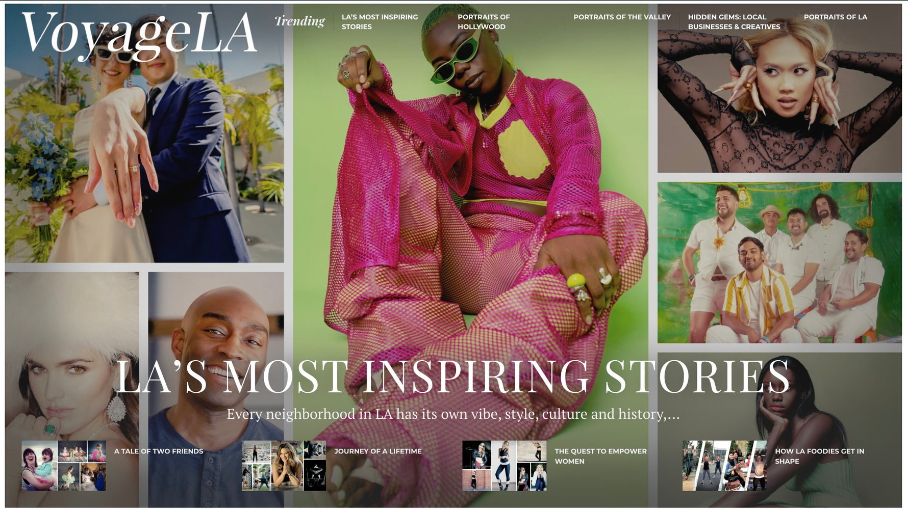 Screenshot of the VoyageLA homepage titled ‘LA’s Most Inspiring Stories,’ featuring diverse entrepreneurs and creatives. Sleeping Dove founders are included for their eco-friendly, cooling comforter designed for hot sleepers, couples with different temperatures, and women experiencing menopause