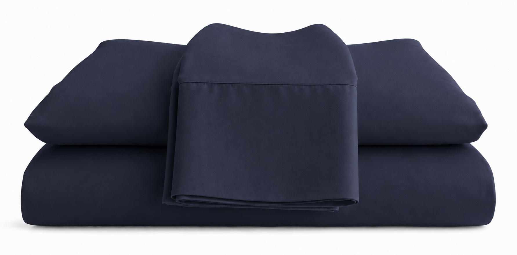 Navy blue bed sheets set on a white background