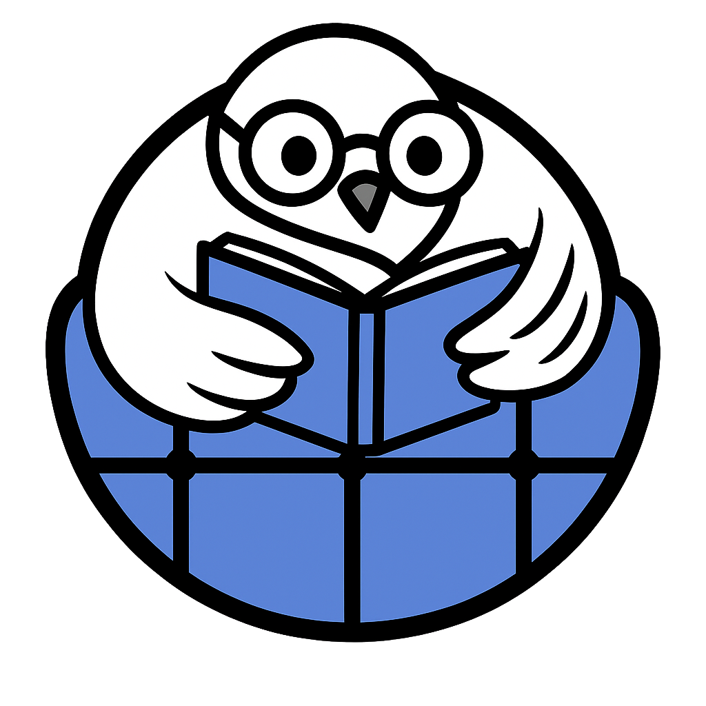 Logo of a dove wearing glasses and reading a book, set against a blue grid background.