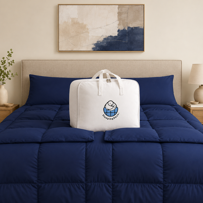 Navy sleeping dove cooling comforter in bedroom setting with a canvas bag