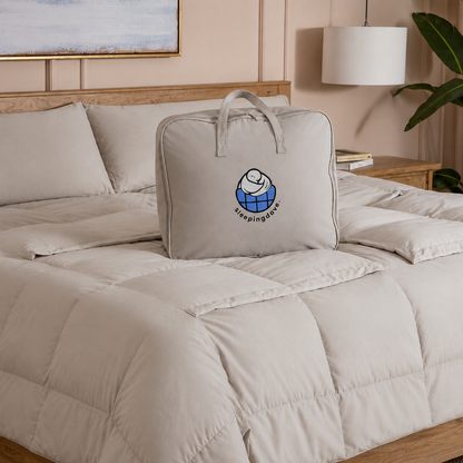 Stone sleeping dove cooling comforter in bedroom setting with a canvas bag