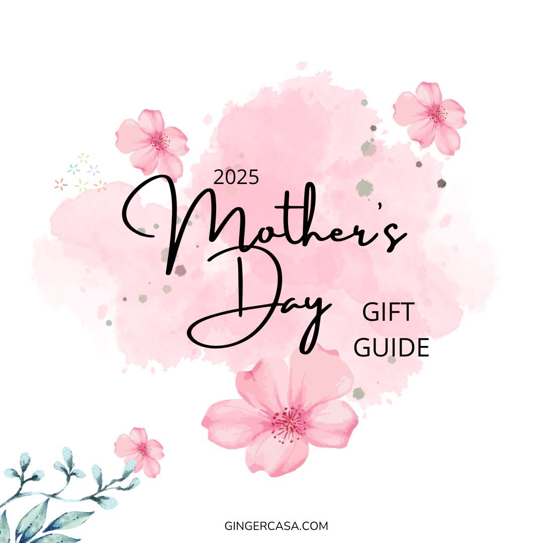 2025 Mother's Day Gift Guide cover with pink watercolor background, cherry blossoms, and elegant script text, created by GingerCasa.com
