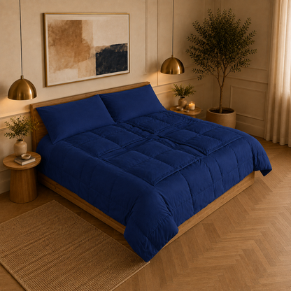 Sleeping Dove navy cooling comforter with all cooling panels closed