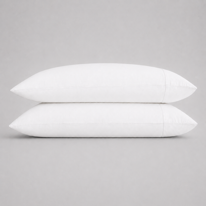 Two plain white rectangular pillows stacked vertically on a neutral light gray background.