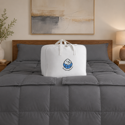 Slate sleeping dove cooling comforter in bedroom setting with a canvas bag