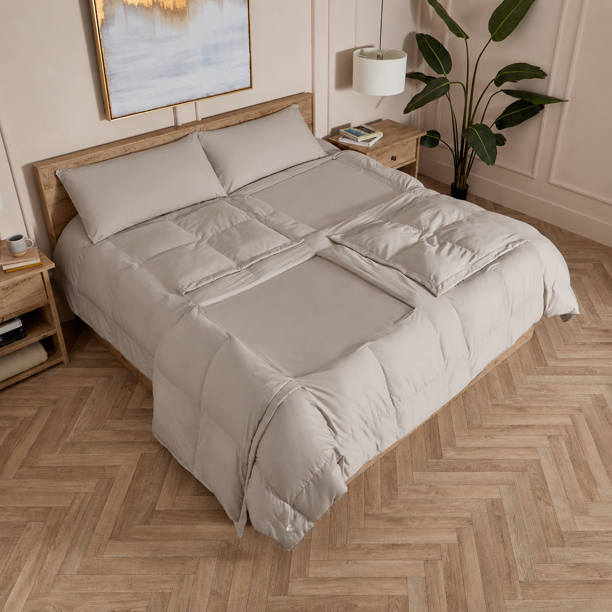 Stone sleeping dove cooling comforter with some panels open