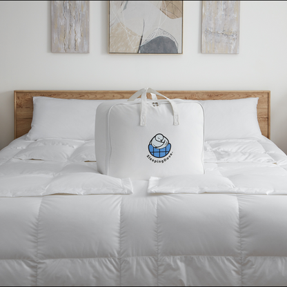 Sleeping Dove cooling comforter in eco-friendly cotton bag, ideal for hot sleepers, couples, pregnancy, menopause, and pet owners. This is the Sleeping Dove Comforter, the natural cooling comforter.