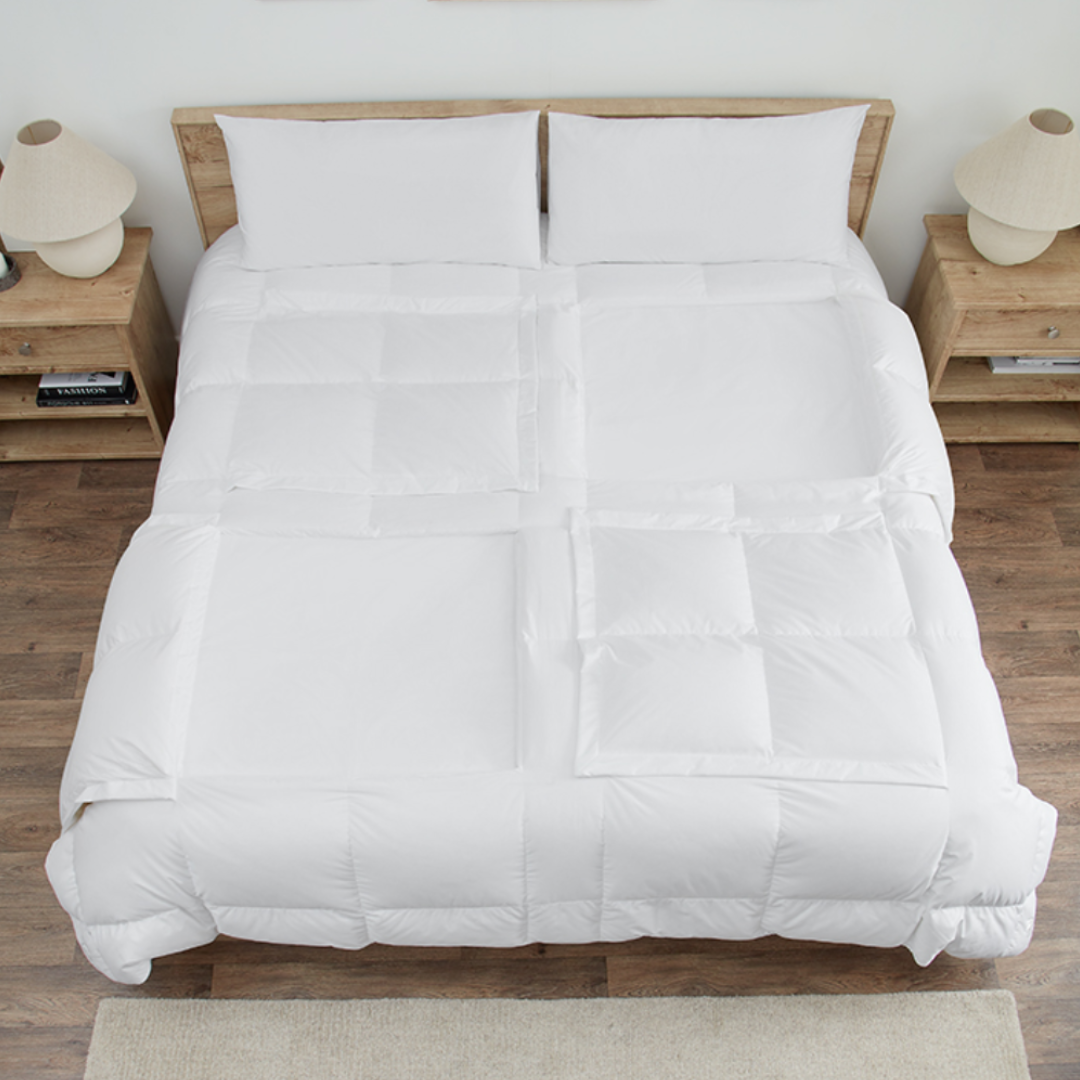 White cooling cotton comforter with fabric windows, some open and some closed, perfect for hot sleepers, couples, pregnancy, menopause, pet owners, and foot relief.