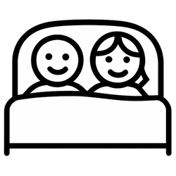 Two smiling faces of an animated couple in a bed icon
