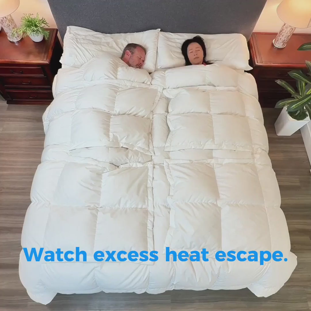 A couple sleeping under a Sleeping Dove Cooling Comforter
