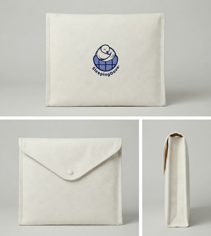 White pouch with a Sleeping Dove logo on a light gray background