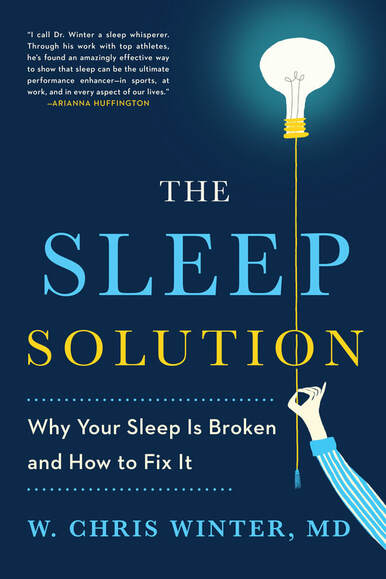 Book cover of 'The Sleep Solution' with a light bulb and hand illustration on a blue background.